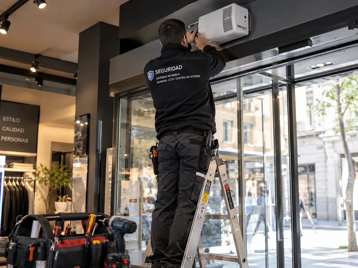 Instalación de un sistema de alarma en la entrada de un comercio
