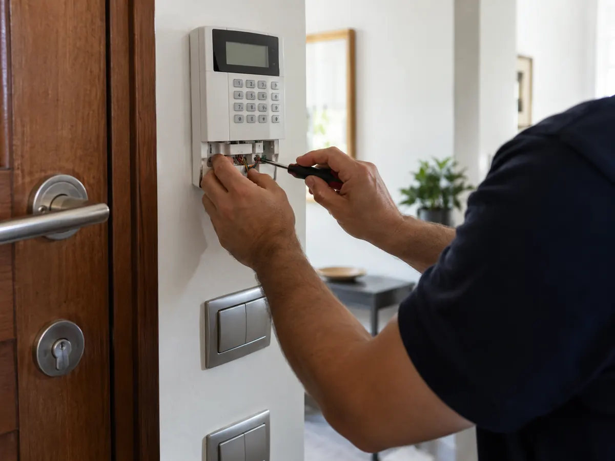 Técnico instalando el teclado de una alarma junto a la puerta de una vivienda