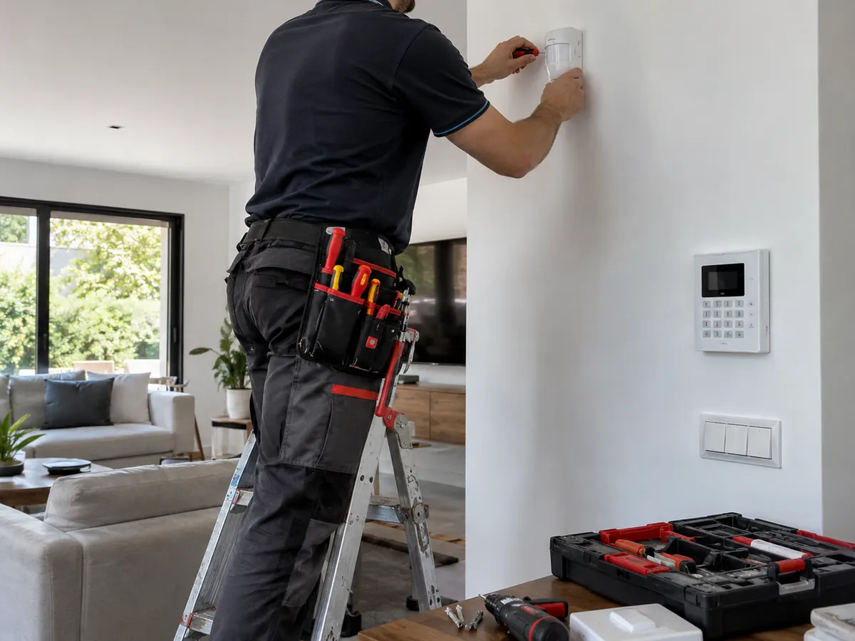 Técnico instalando un detector de alarma en el salón de una vivienda
